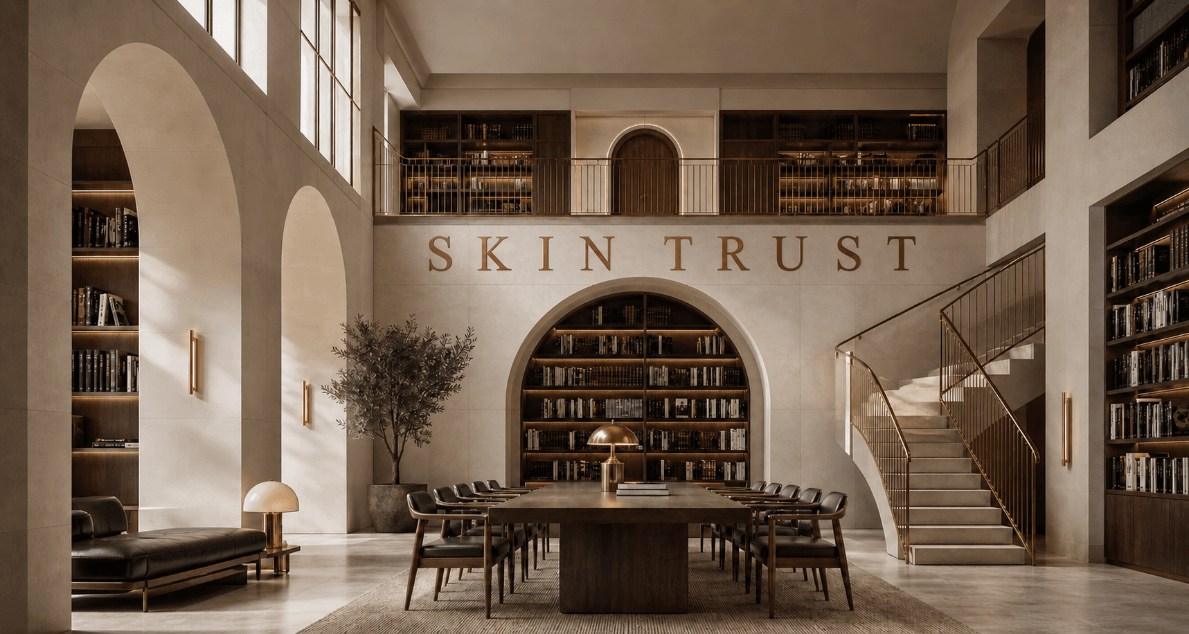 The sunlit Skin Trust Library loft with ivory arches, walnut bookshelves, and gold Skin Trust lettering.